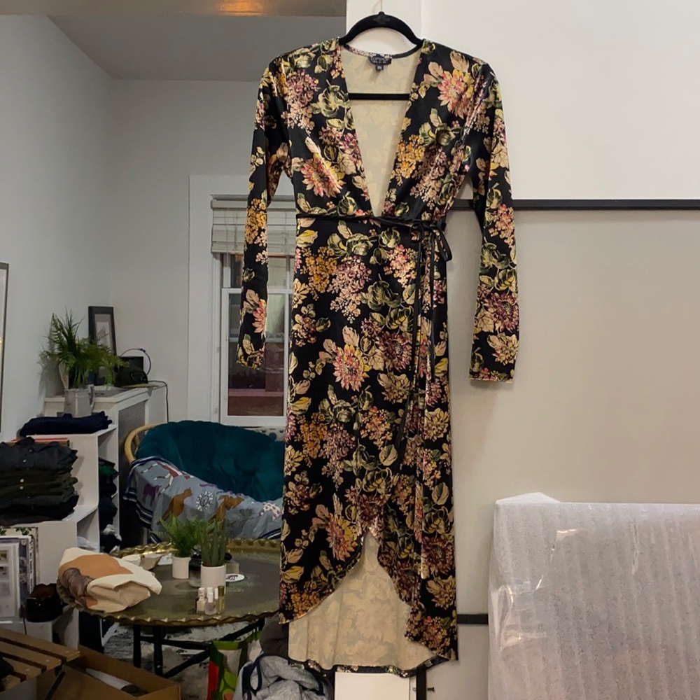 Deep V High-Low Velvet Floral Dress